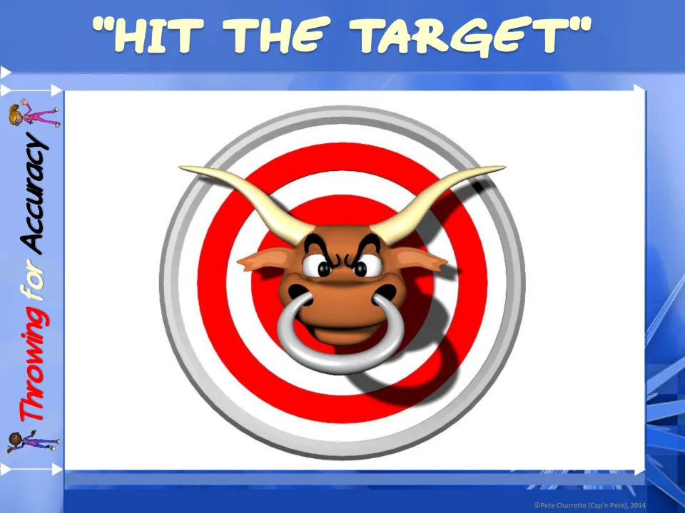 Hit the Target station sign for throwing for accuracy, showing a bull's-eye target with a cartoon bull face