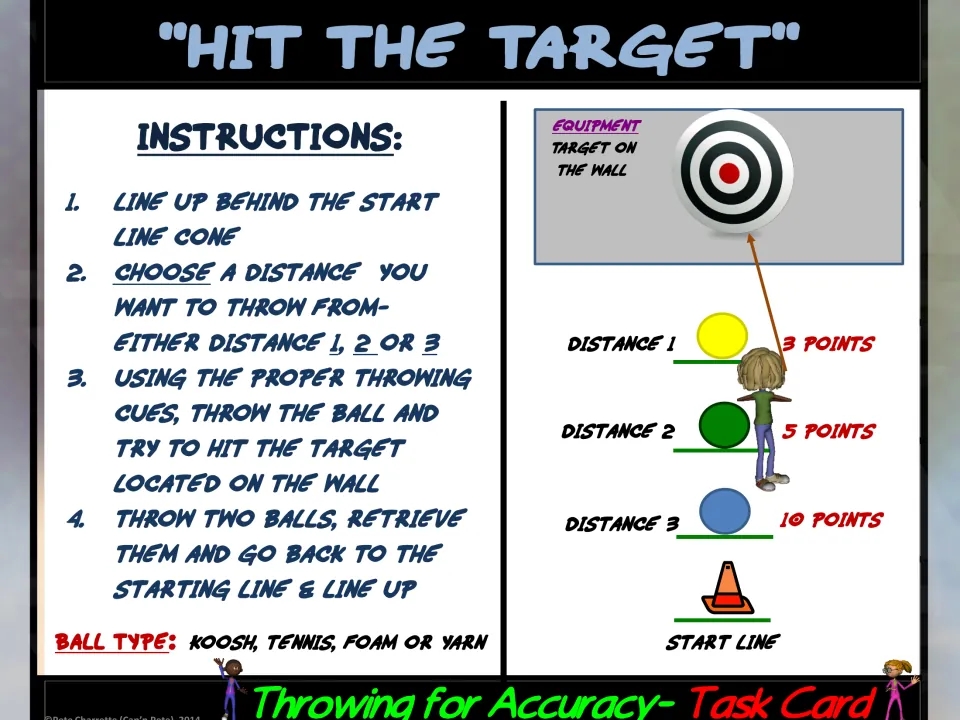 Hit the Target task card directs two throws at a wall target, with three distances worth 3, 5, or 10 points
