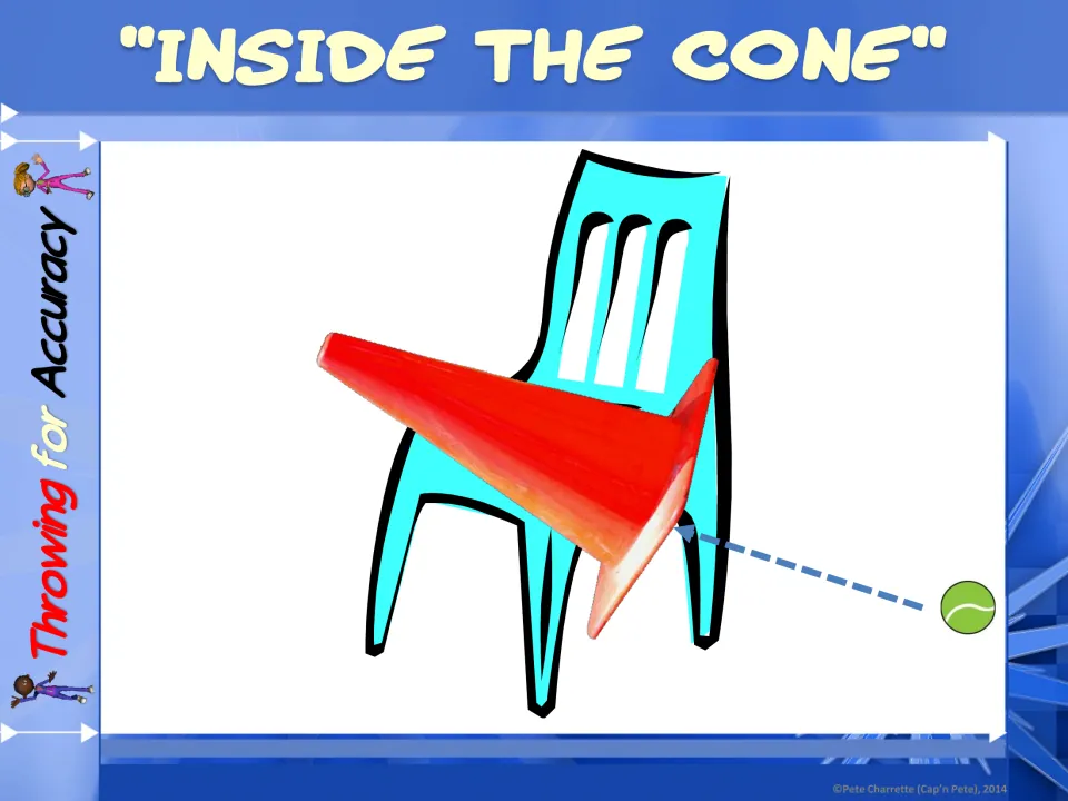 Inside the Cone station sign for throwing for accuracy, showing a red cone on a chair and a ball with a dashed path