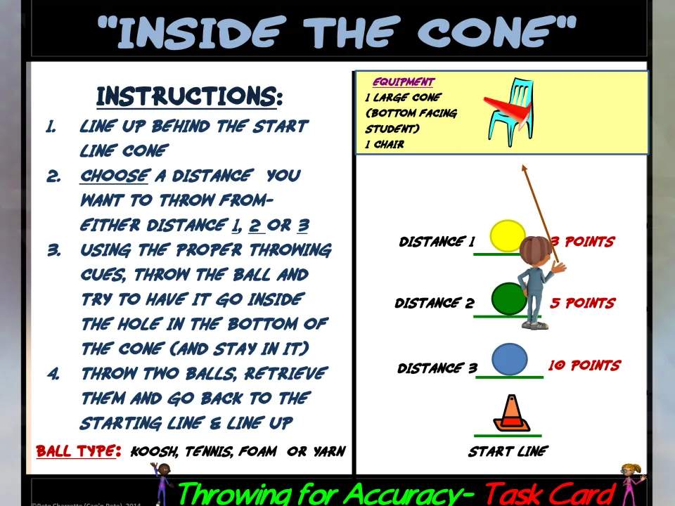 Inside the Cone task card directs two throws into a cone, with three distances worth 3, 5, or 10 points