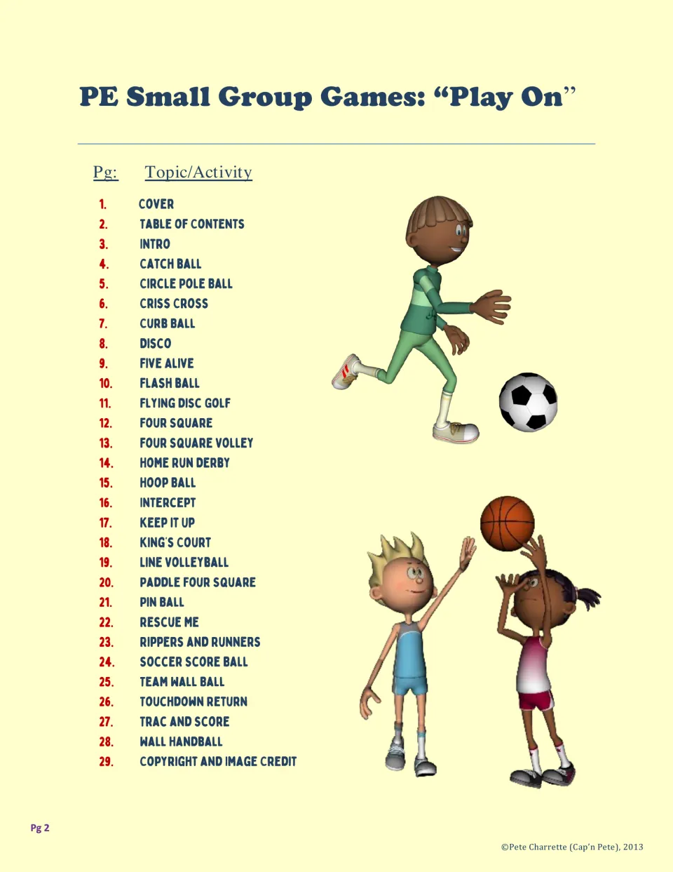 Table of contents for the PE collection, listing 25 games from Catch Ball to Wall Handball and page numbers