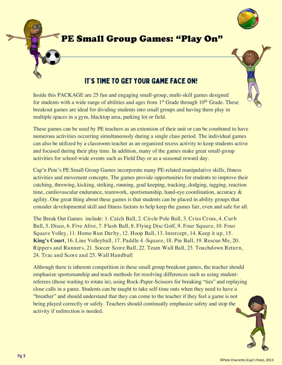 Introduction to the 25 PE games, explaining small-group use, movement skills, sportsmanship, and safety
