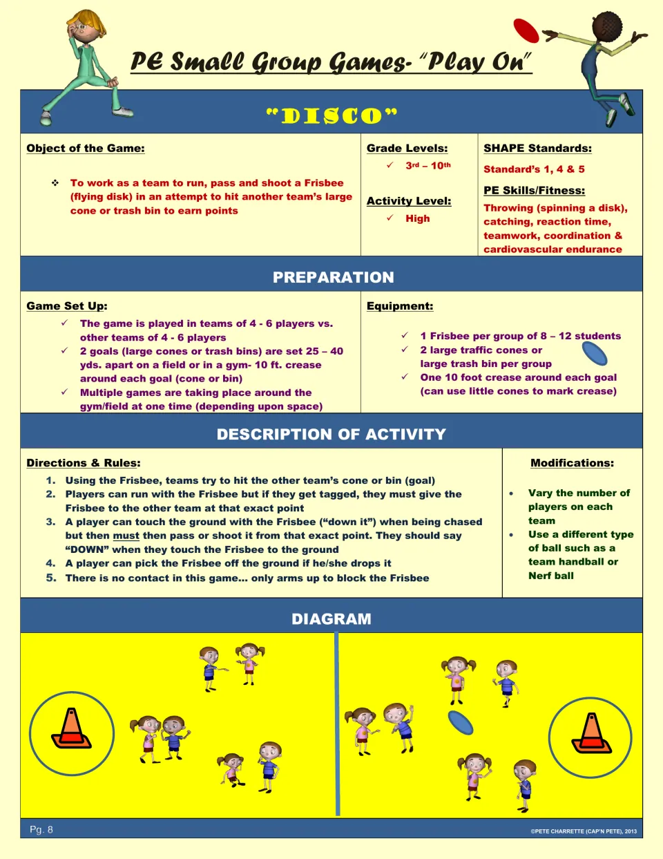 Disco lesson: teams run, pass, and shoot a Frisbee at the opposing cone or bin, with rules and modifications