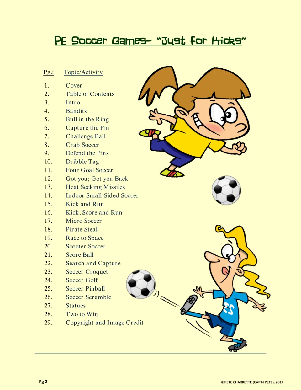 Table of contents listing 25 game lessons from Bandits to Two to Win, plus introduction and credits