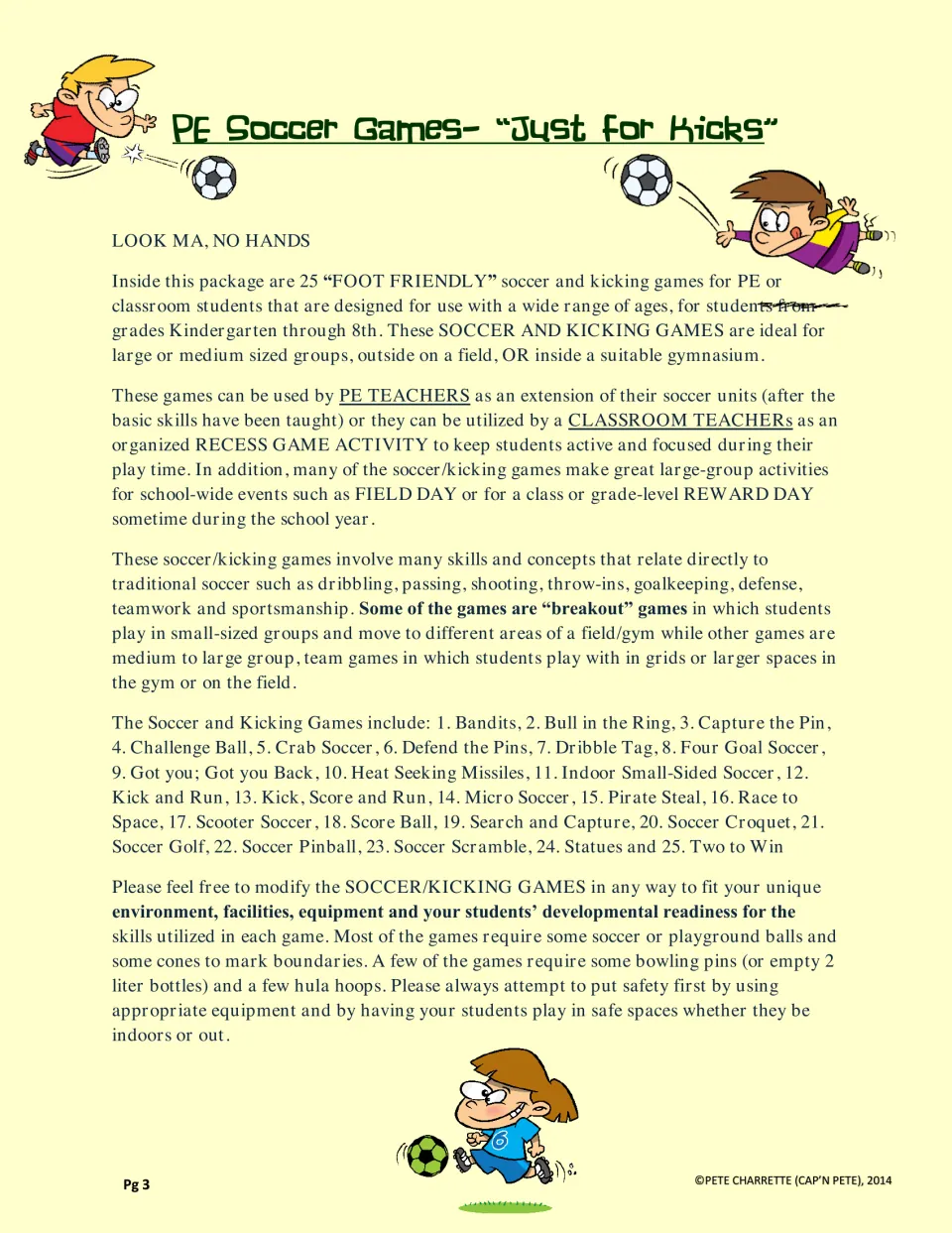 Introduction to 25 soccer and kicking games, explaining group sizes, PE and recess uses, and equipment
