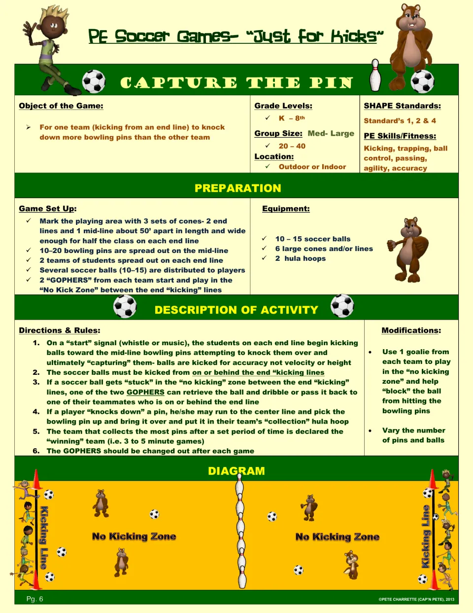 Capture the Pin game lesson: teams kick from end lines to knock down and collect pins along the center