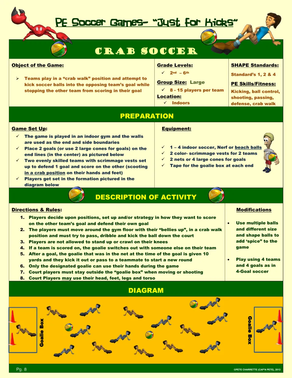 Crab Soccer game lesson: teams move in a crab walk to pass, kick, and score while defending their goal