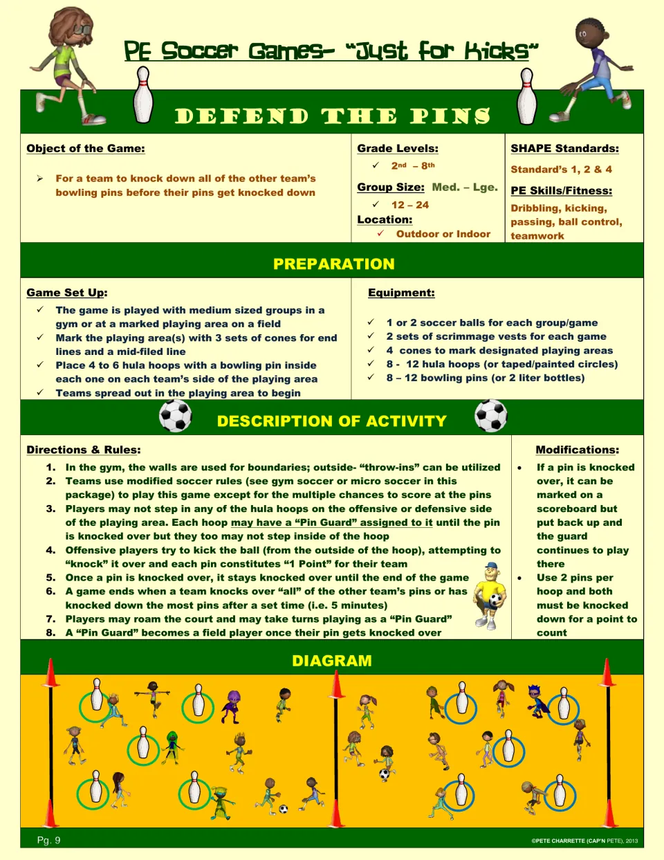 Defend the Pins game lesson: teams kick to knock down opposing pins while protecting pins inside hoops