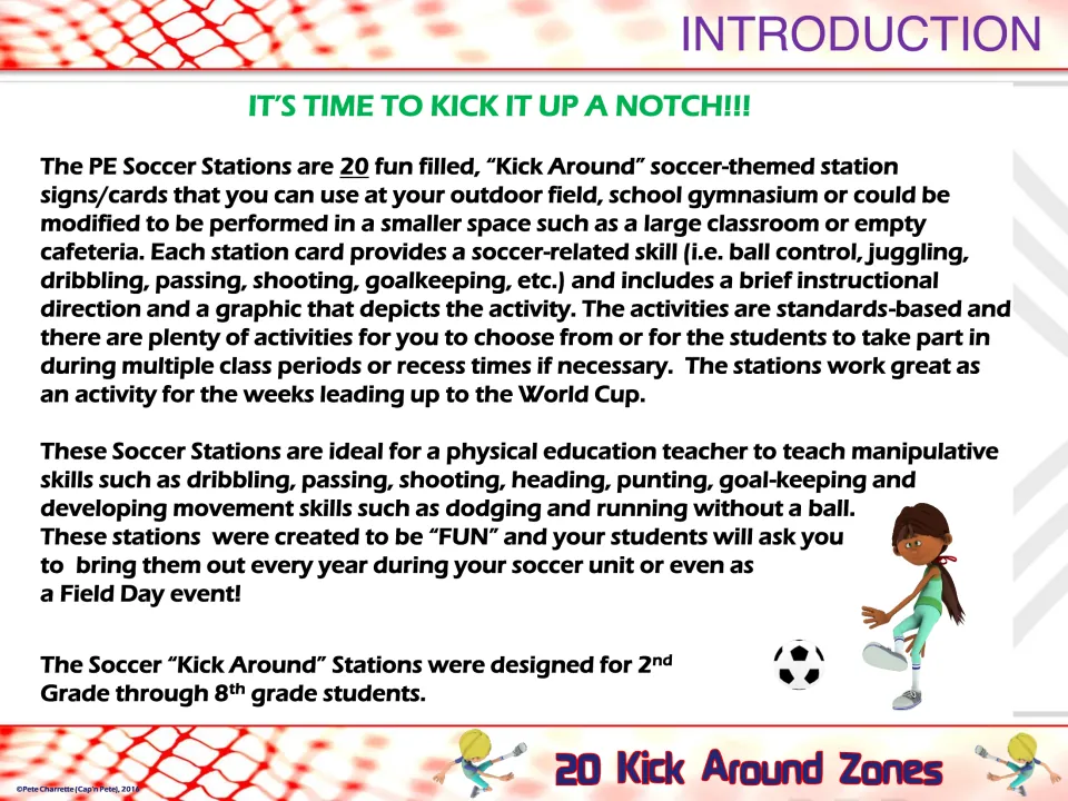 Introduction: 20 soccer station cards for field, gym or classroom, covering dribbling, passing, shooting and heading