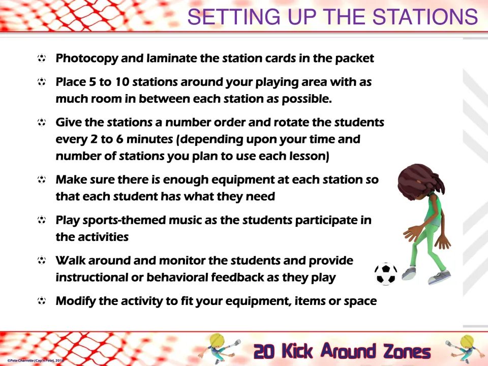 Setting up the stations: laminate cards, place 5 to 10 stations, rotate every 2 to 6 minutes and play sports music