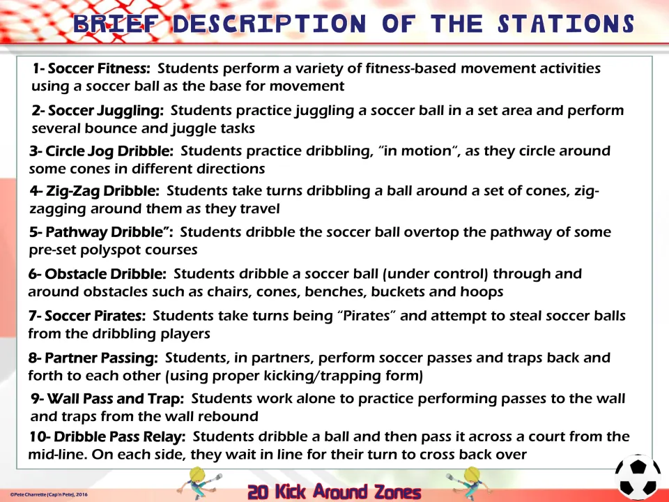 Stations 1 to 10 summary: soccer fitness, juggling, cone and obstacle dribbling, Soccer Pirates, passing and trapping
