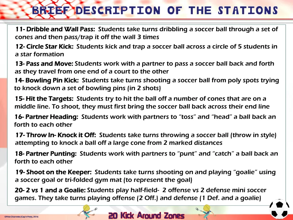 Stations 11 to 20 summary: wall passes, bowling pin kicks, heading, throw-ins, punting, shooting on a keeper, 2 vs 1