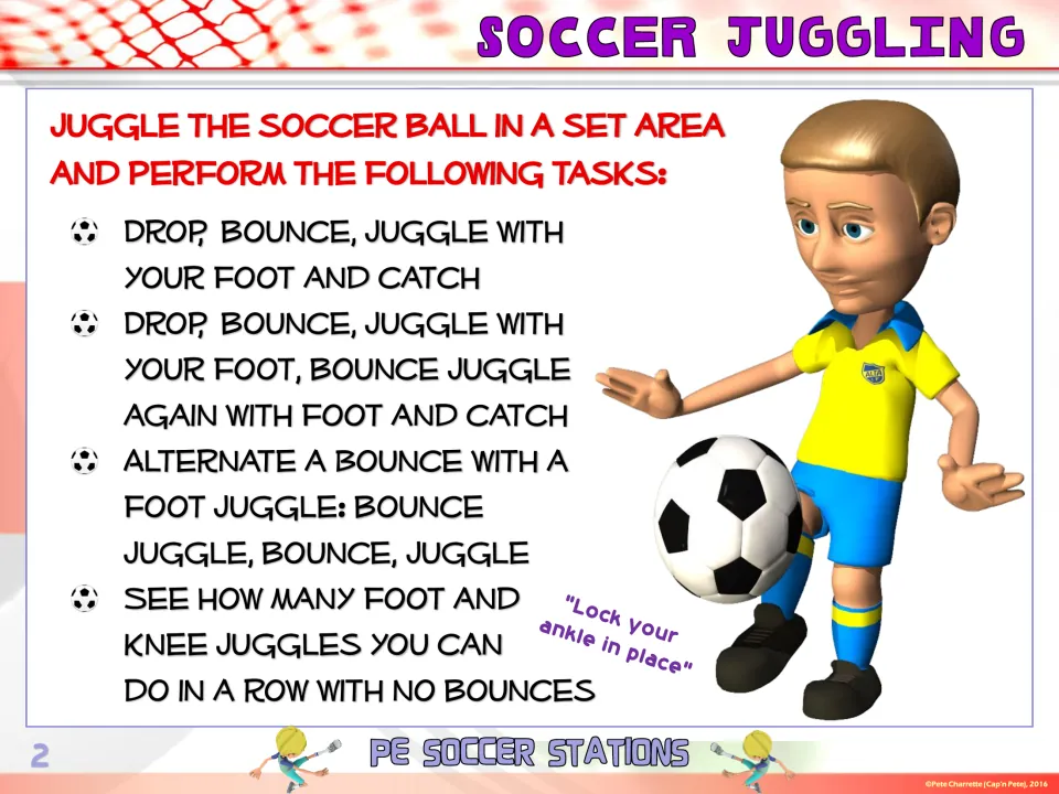 Station 2 sign, Soccer Juggling: students drop, bounce and foot-juggle the ball, then count juggles in a row