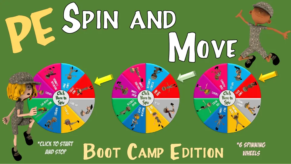 PE Spin and Move: Boot Camp Edition cover showing 3 exercise spinner wheels with moves like squat jump and sit-ups
