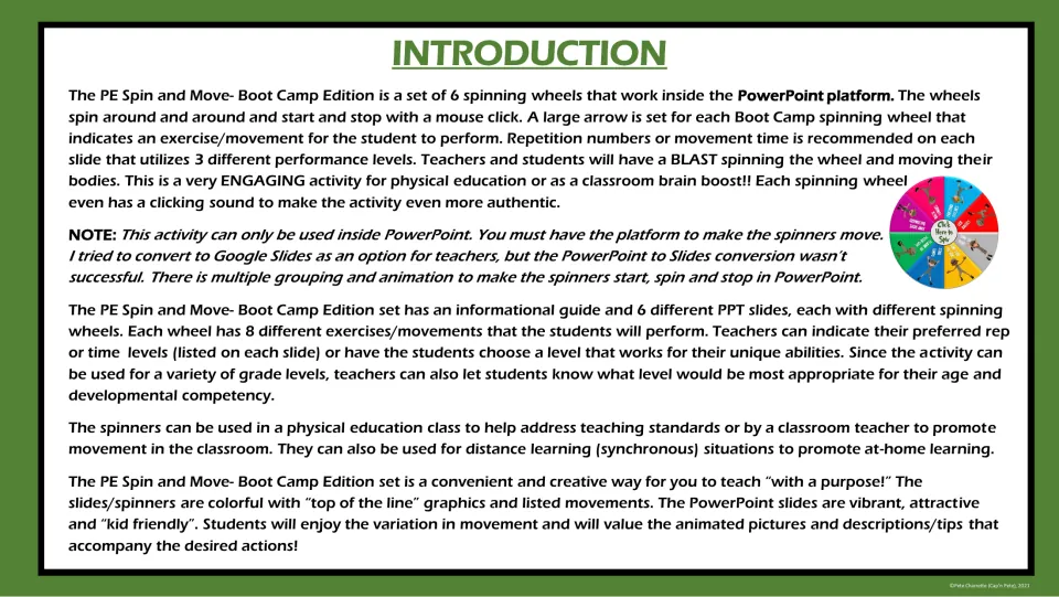 Introduction to the 6 PowerPoint exercise spinners: each wheel has 8 movements and 3 rep or time levels; PowerPoint only