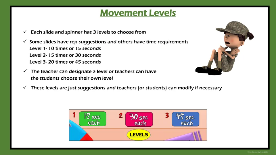 Movement levels: three effort levels from 10 reps or 15 seconds up to 20 reps or 45 seconds; teacher or student picks