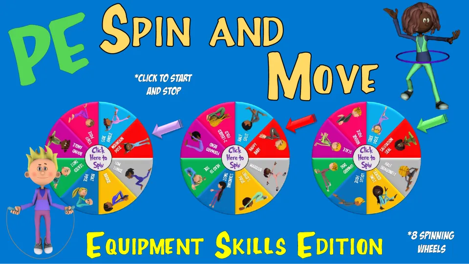 PE Spin and Move Equipment Skills Edition cover: 8 click-to-spin wheels, each slice naming a movement with a cartoon figure