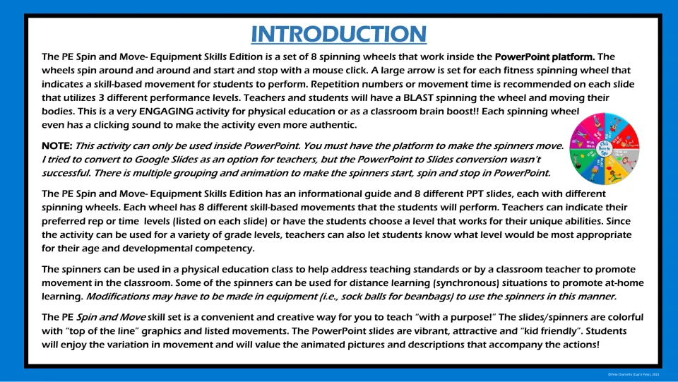 Introduction: explains 8 PowerPoint spinning wheels, each with 8 skill-based movements done at 3 rep or time levels
