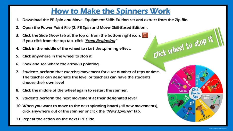 How to make the spinners work: 11 steps to open the slideshow, click the wheel to spin and stop, then do the movement