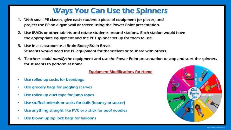 Ways to use the spinners: whole class, tablet stations, brain breaks or at home, plus home swaps like socks for beanbags