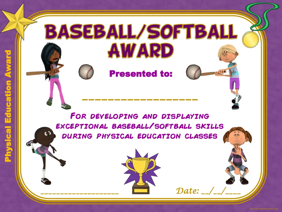 Baseball/Softball Award certificate for exceptional skills in PE class, with kids batting and pitching, name and date blanks