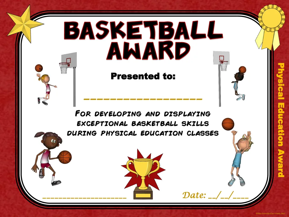 Basketball Award: certificate praising exceptional basketball skills, showing kids dribbling and shooting at two hoops