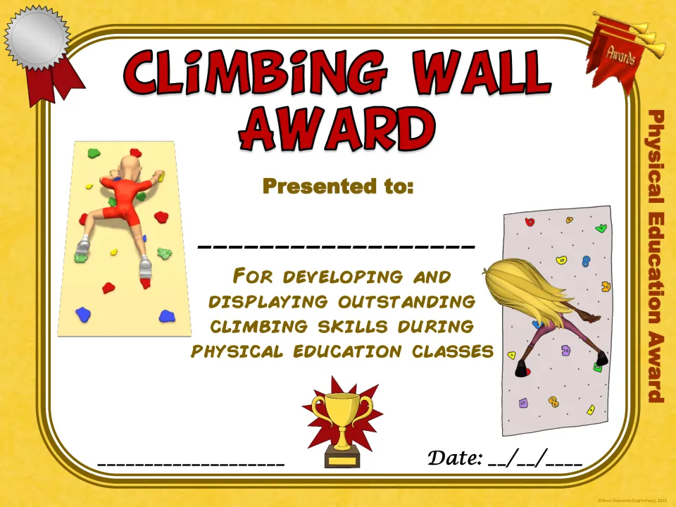 Climbing Wall Award honoring outstanding climbing skills, illustrated with two children scaling walls of colored holds