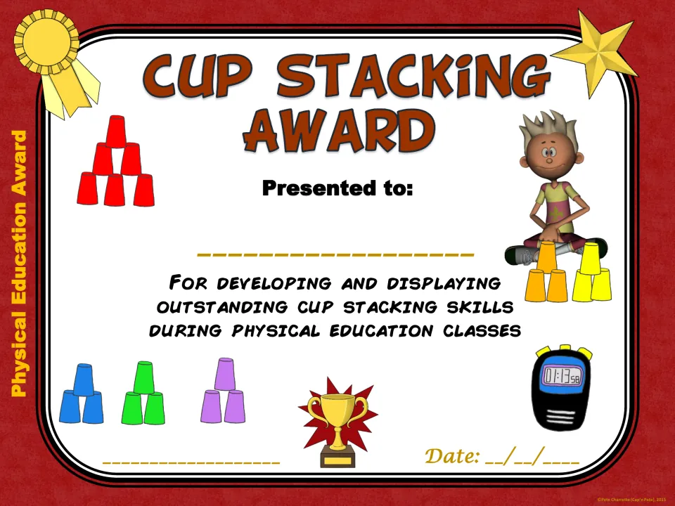 Cup Stacking Award recognizing outstanding stacking skills, with cup pyramids, a seated stacker and a stopwatch at 01:13