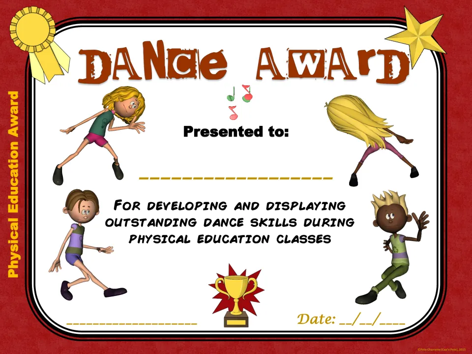 Dance Award certificate for outstanding dance skills shown during PE, with four dancing kids, music notes and a trophy