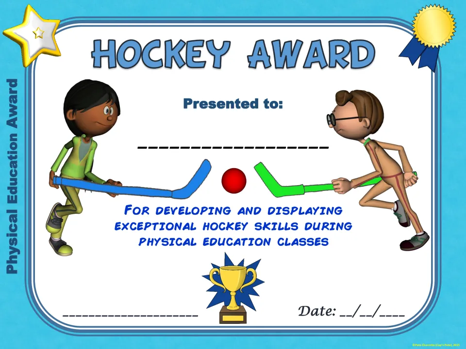 Hockey Award for exceptional hockey skills in physical education, picturing two players with sticks facing off over a ball