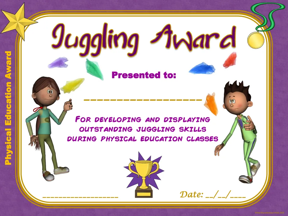 Juggling Award marking outstanding juggling skills, decorated with colorful floating scarves above two students