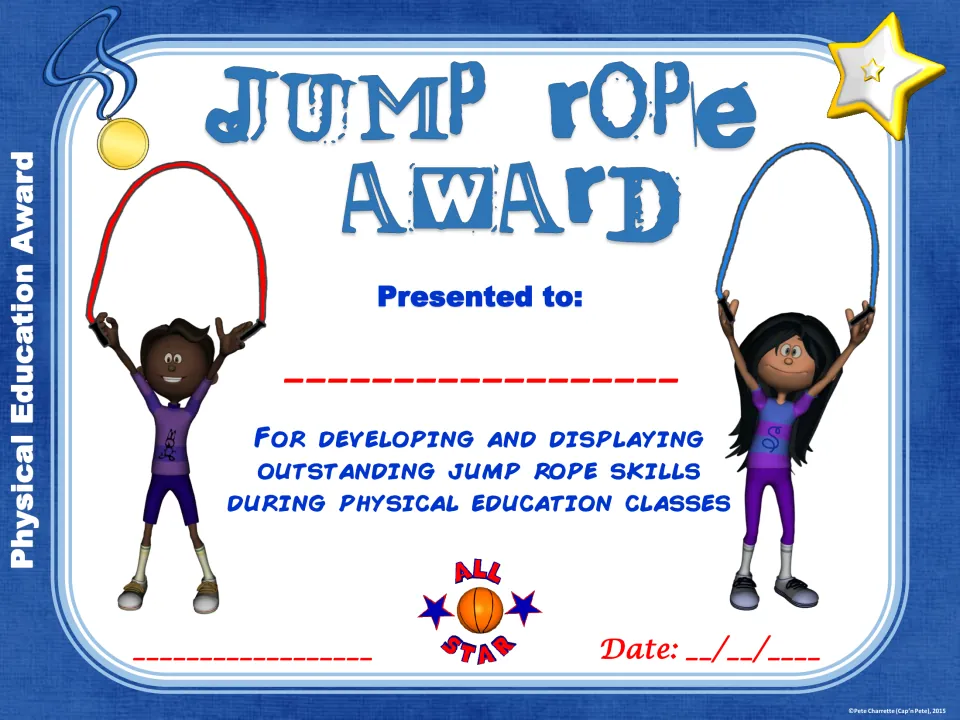 Jump Rope Award for outstanding jump rope skills, with two kids holding ropes overhead, an All Star badge and a gold medal