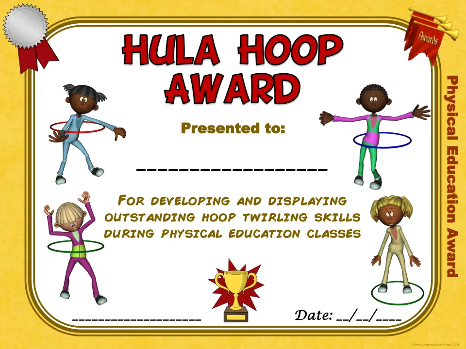 Hula Hoop Award recognizing outstanding hoop twirling skills, showing four children with hoops at waist and feet