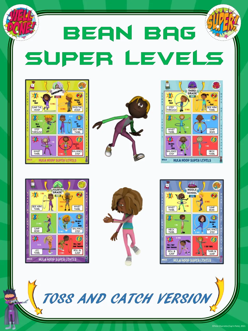 Cover for the toss-and-catch beanbag challenges, titled 'Bean Bag Super Levels,' with sample hoop posters