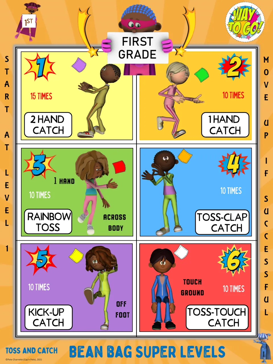 First-grade beanbag poster: six levels, starting with 15 two-hand catches and ending with toss-touch catch