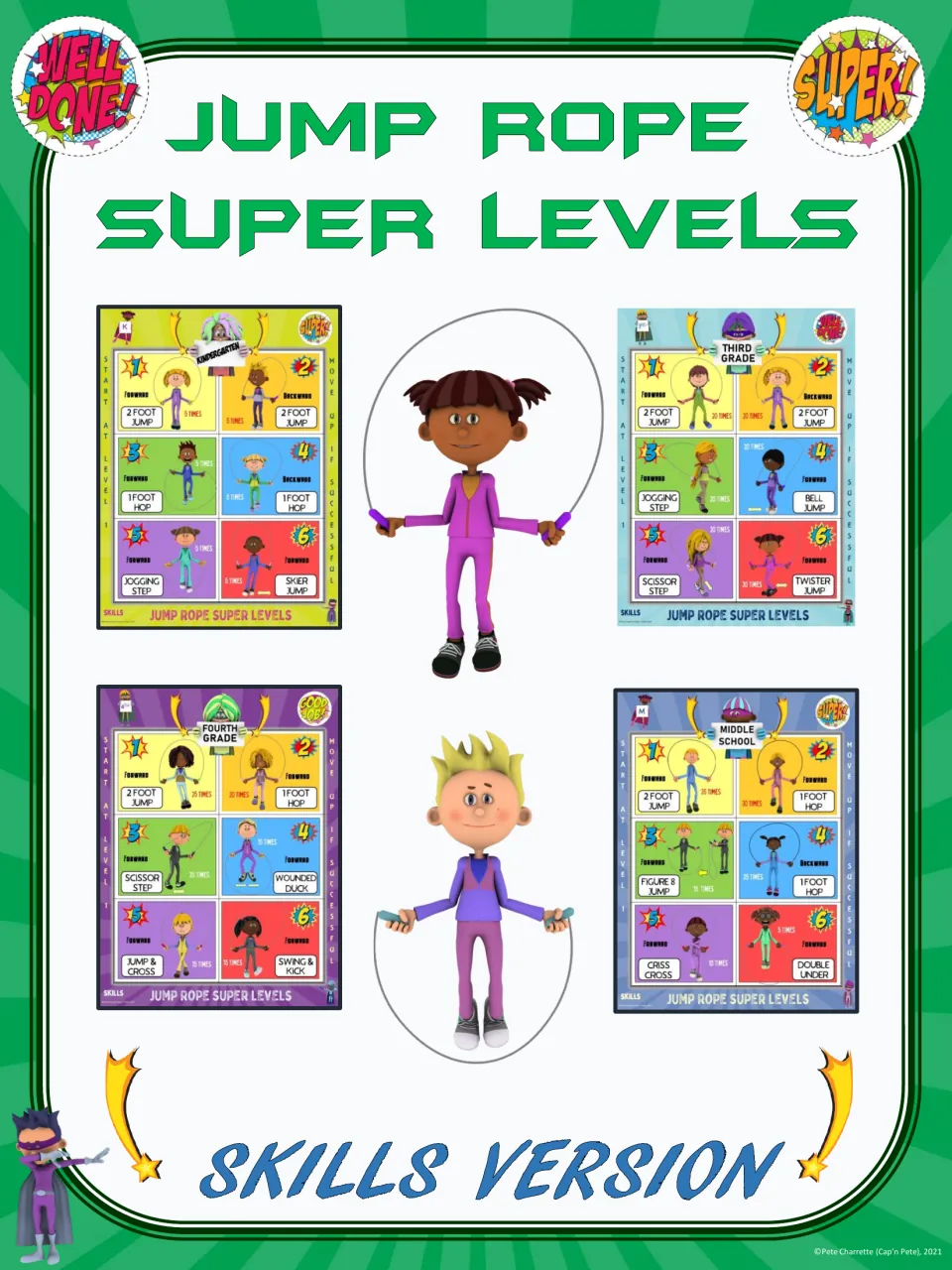 Jump Rope Super Levels Skills Version cover showing sample level charts for kindergarten, third, fourth and middle school