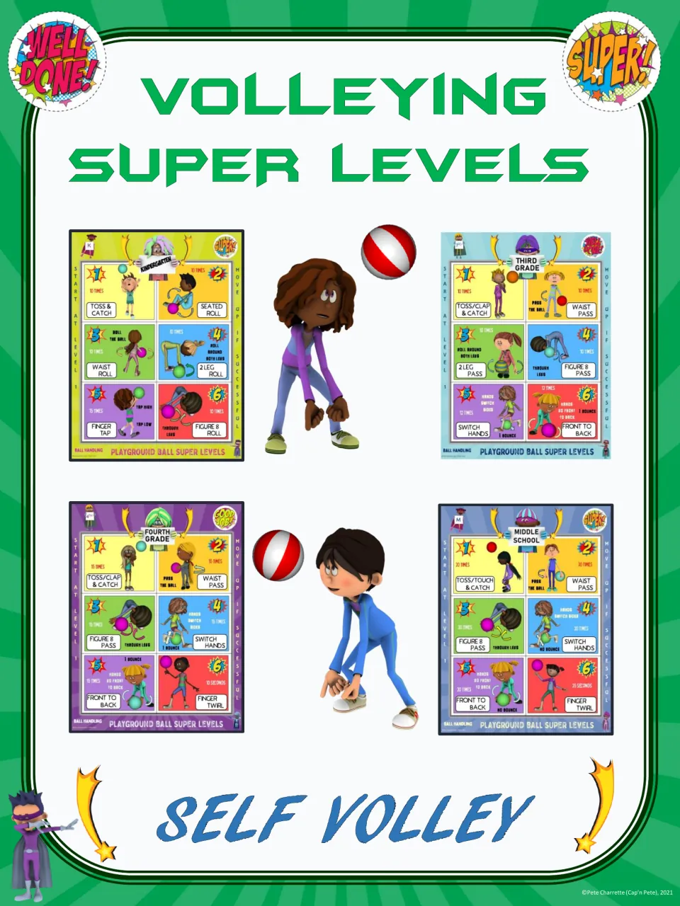 Self Volley cover for Volleying Super Levels, showing students volleying balls and sample challenge posters