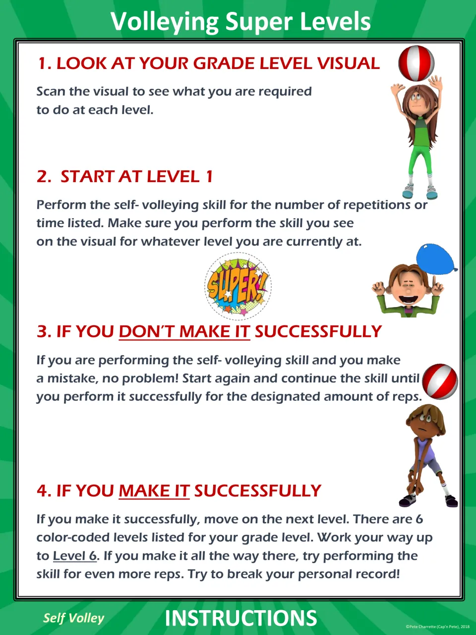 Self-volleying instructions: start at Level 1, retry after mistakes, and advance after completing each challenge