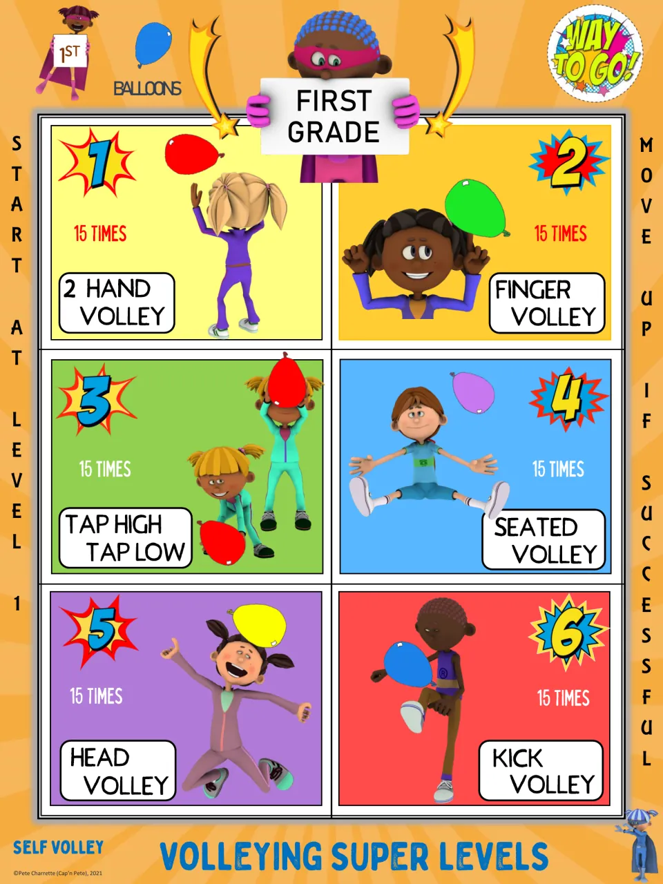 First grade balloon volley poster: six challenges, including finger, seated, head, and kick volleys, 15 times each