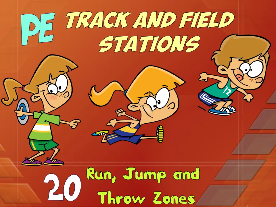 Cover of PE Track and Field Stations, introducing 20 run, jump and throw zones for physical education