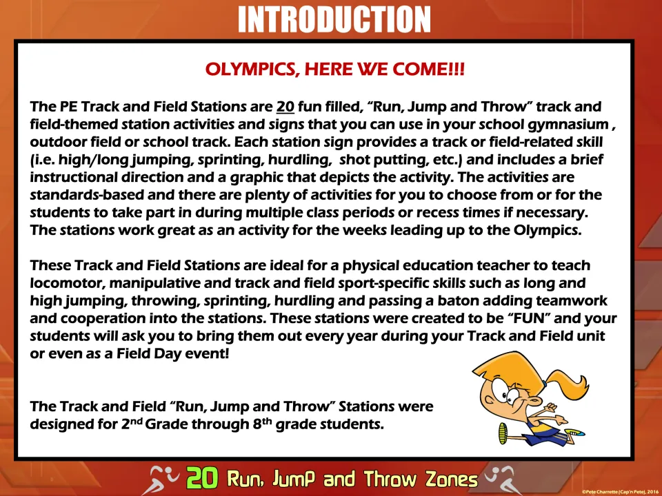 Introduction to the 20 stations for grades 2–8, covering track and field skills, teamwork and cooperation
