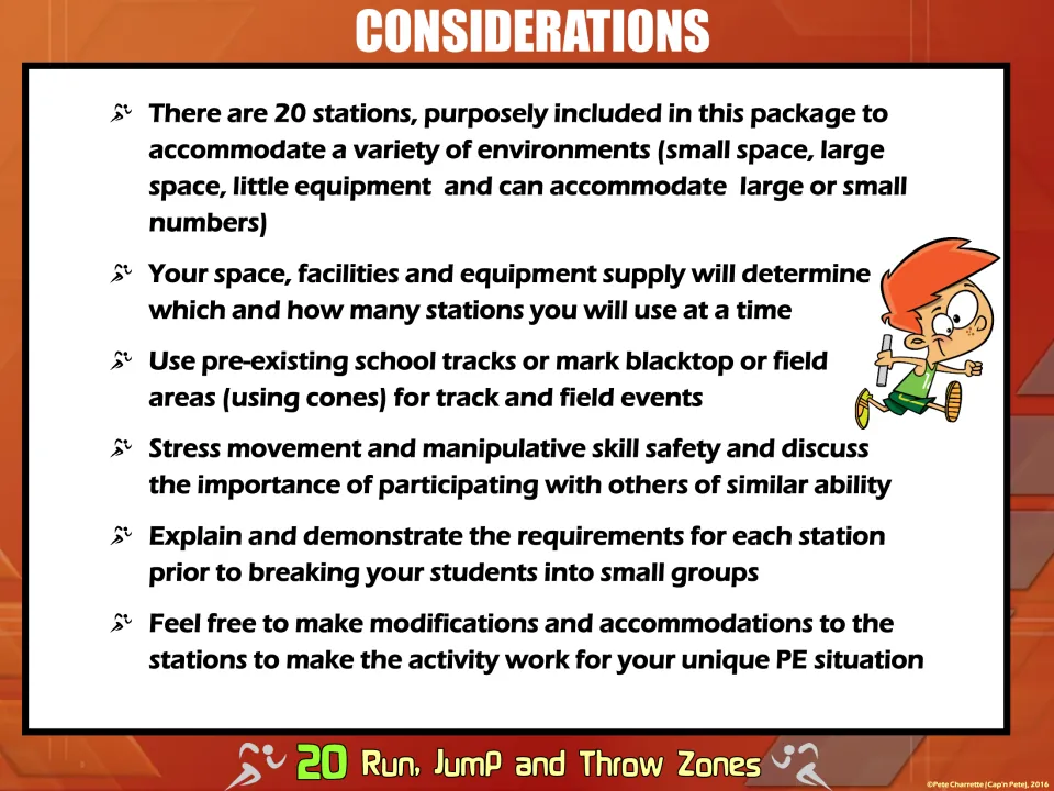 Station considerations explain choosing activities for available space, equipment, group size and safety