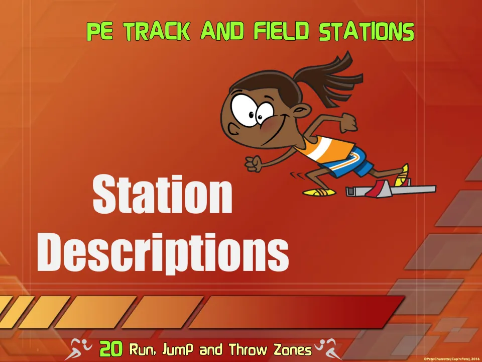 Station Descriptions section divider introduces the summaries of the 20 run, jump and throw activities