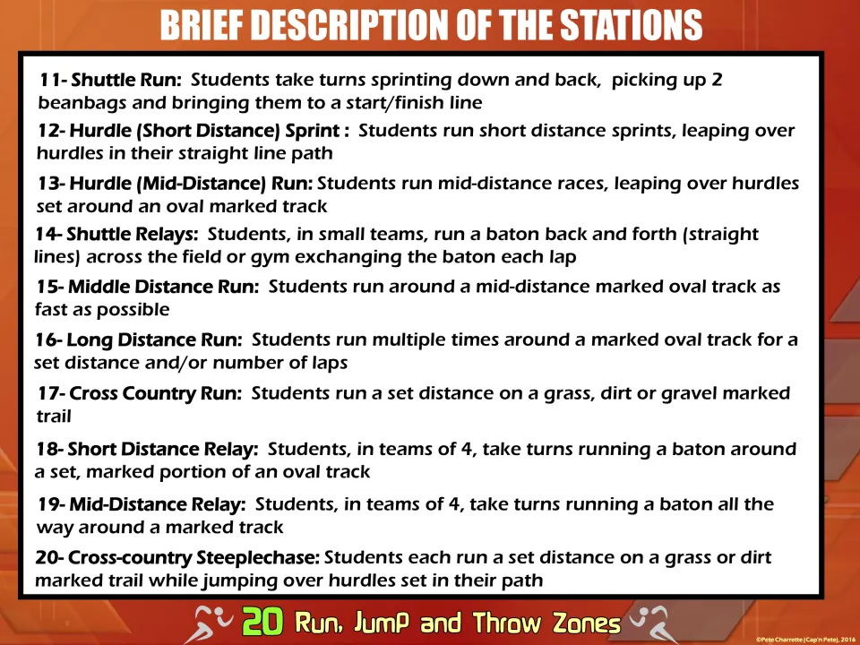 Descriptions of stations 11–20 cover shuttle runs, hurdles, relays, distance runs and a steeplechase