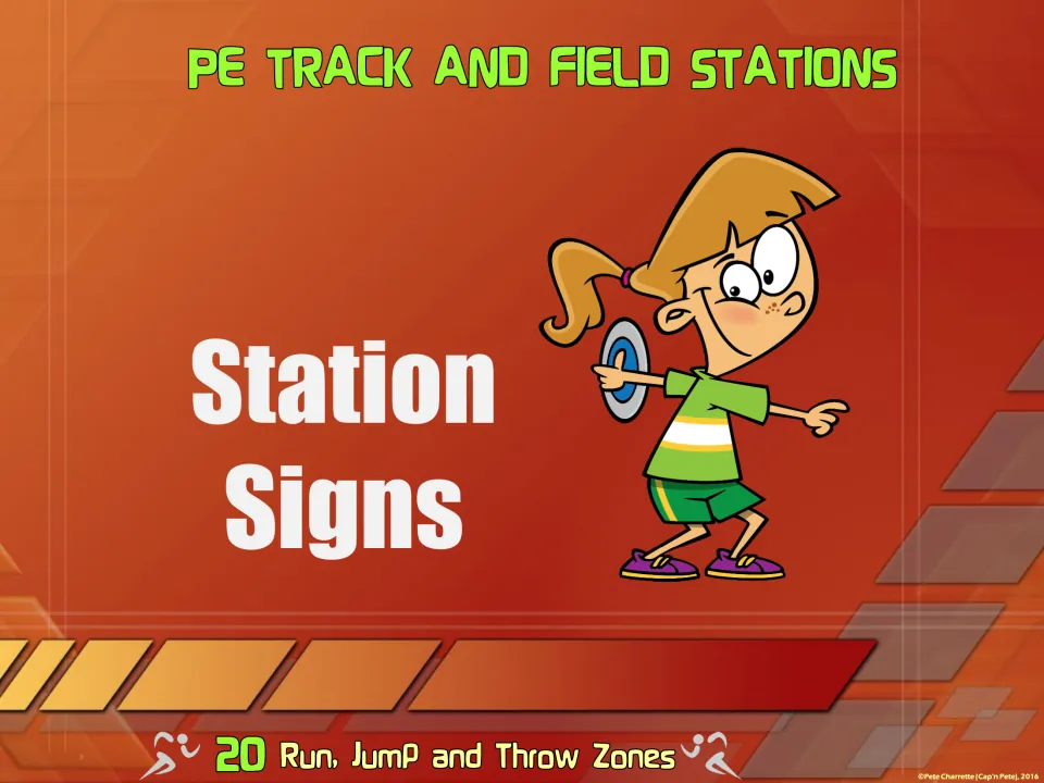 Station Signs section divider introduces the individual activity signs for the 20 run, jump and throw zones