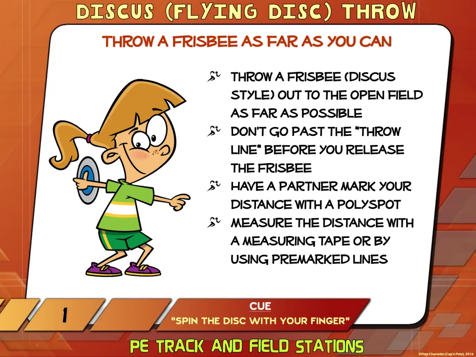 Station 1 sign, Discus Throw: students throw a Frisbee as far as they can, then mark and measure the distance