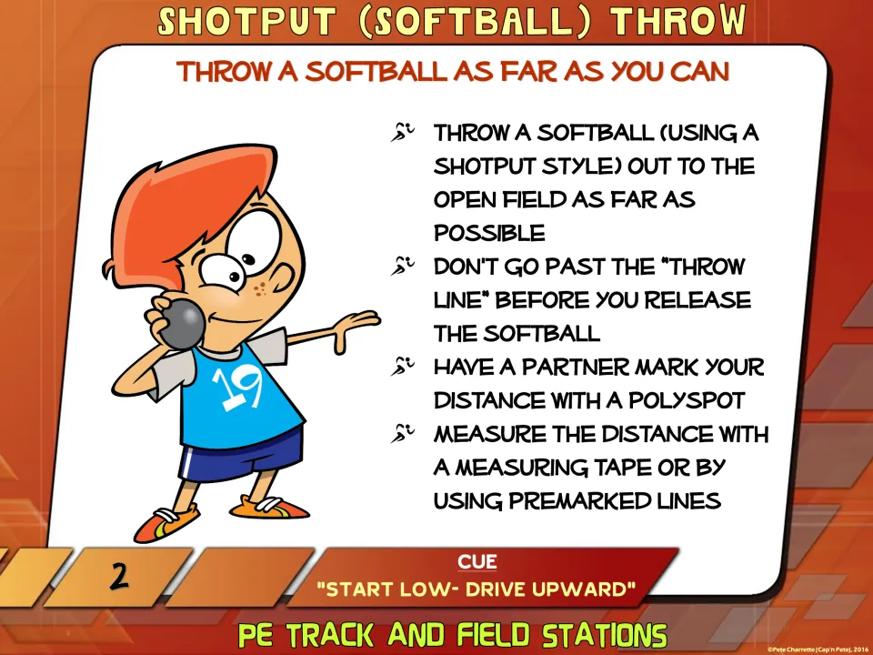 Station 2 sign, Shotput Throw: students throw a softball shotput style from behind the line and measure it