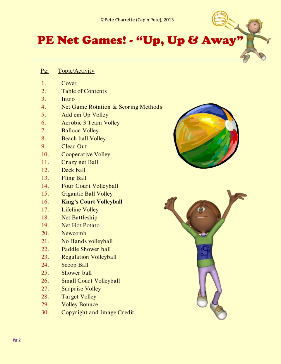 Contents for 30 pages: intro, rotation and scoring, then games from Add em Up Volley to Volley Bounce