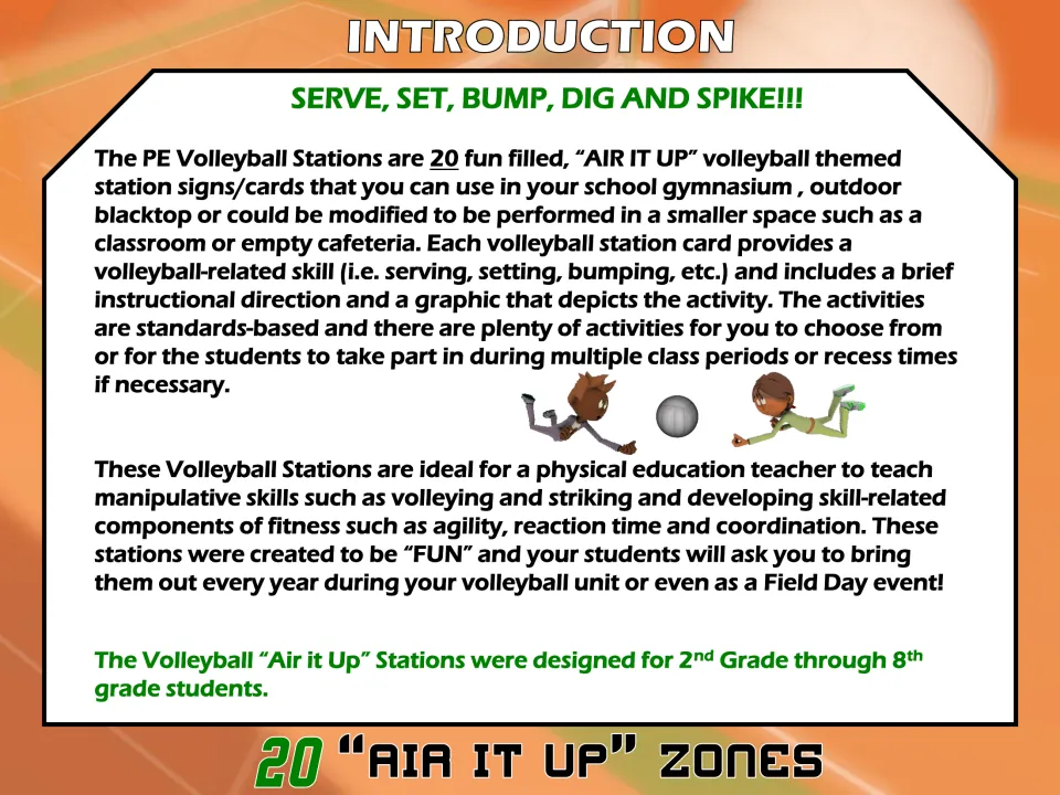 Introduction to the 20 volleyball station cards, explaining their skills, settings, and use in grades 2–8