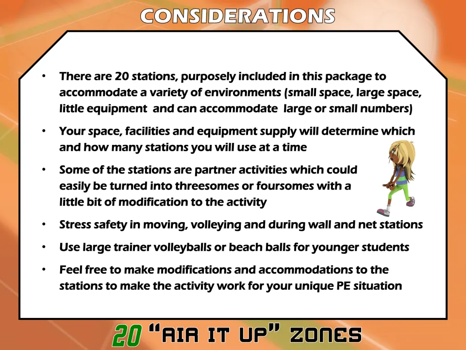 Teaching considerations for 20 volleyball stations: space, equipment, group sizes, safety, and adaptations